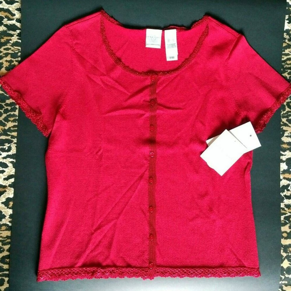 NEW Emma James Dark Red Knit Top, Crochet Trim, Tiny Beads, M